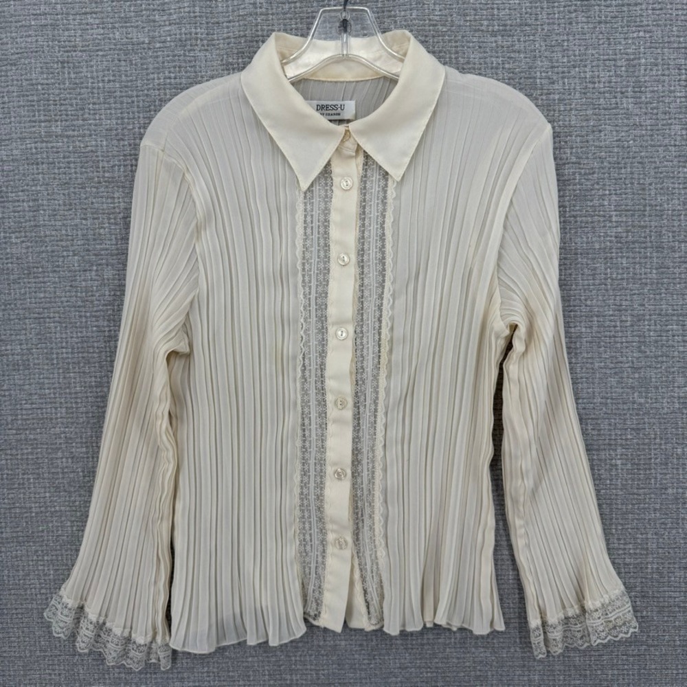 Vintage Dress U By Sharon Pleated Blouse Women M Cream Lace Trim Cottage Y2K